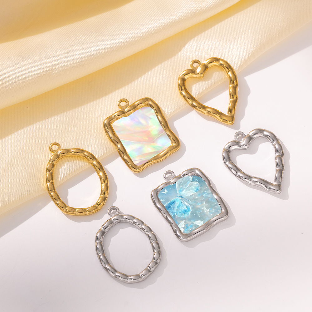 Resin Art Pendant - 5pcs Stainless Steel Heart Round Open
