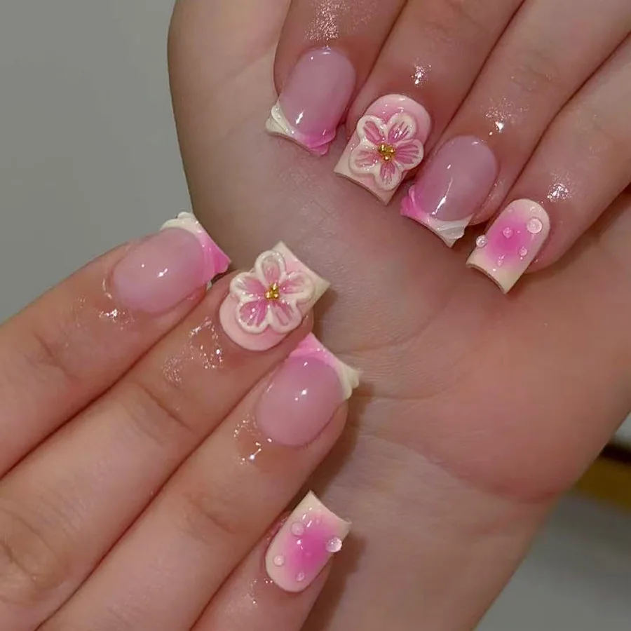 Resin Art Flowers - 24pcs Pink Short Square False Nails
